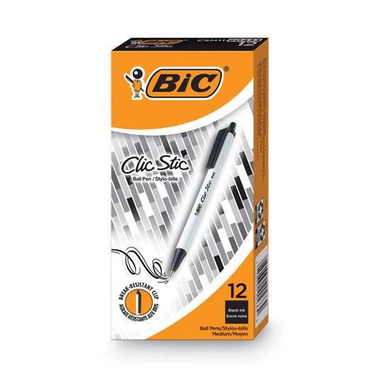 BIC Clic Stic Ballpoint Pen, Retractable, Medium 1 mm, Black Ink, White Barrel, Dozen (CSM11BK)