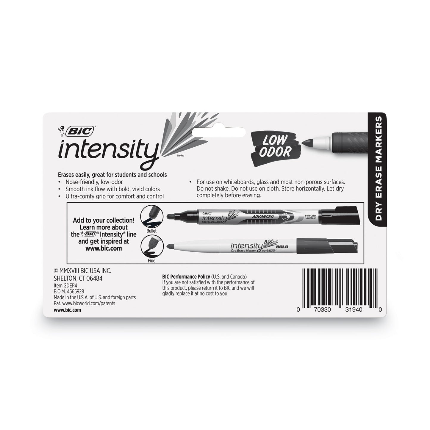 BIC Intensity Low Odor Fine Point Dry Erase Marker, Fine Bullet Tip, Assorted Colors, 4/Set (GDEP41ASST)