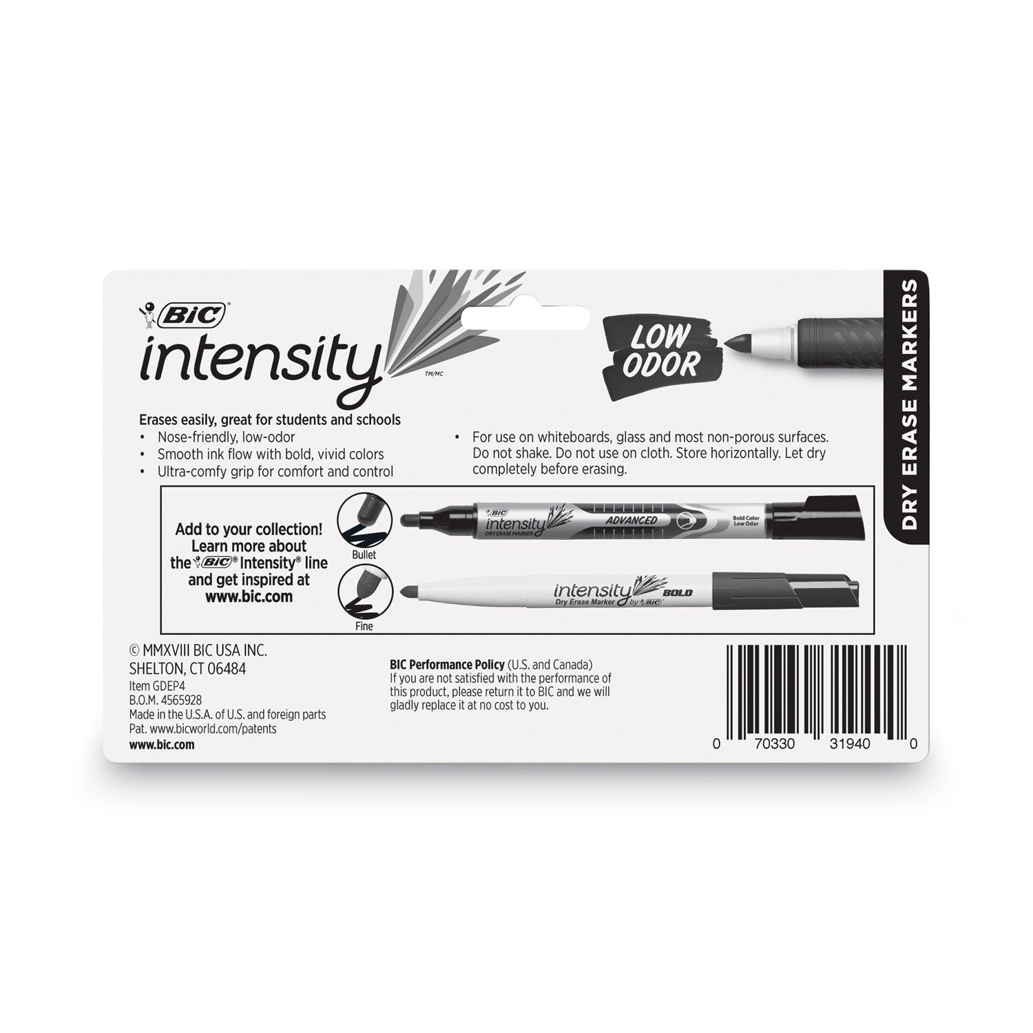 BIC Intensity Low Odor Fine Point Dry Erase Marker, Fine Bullet Tip, Assorted Colors, 4/Set (GDEP41ASST)