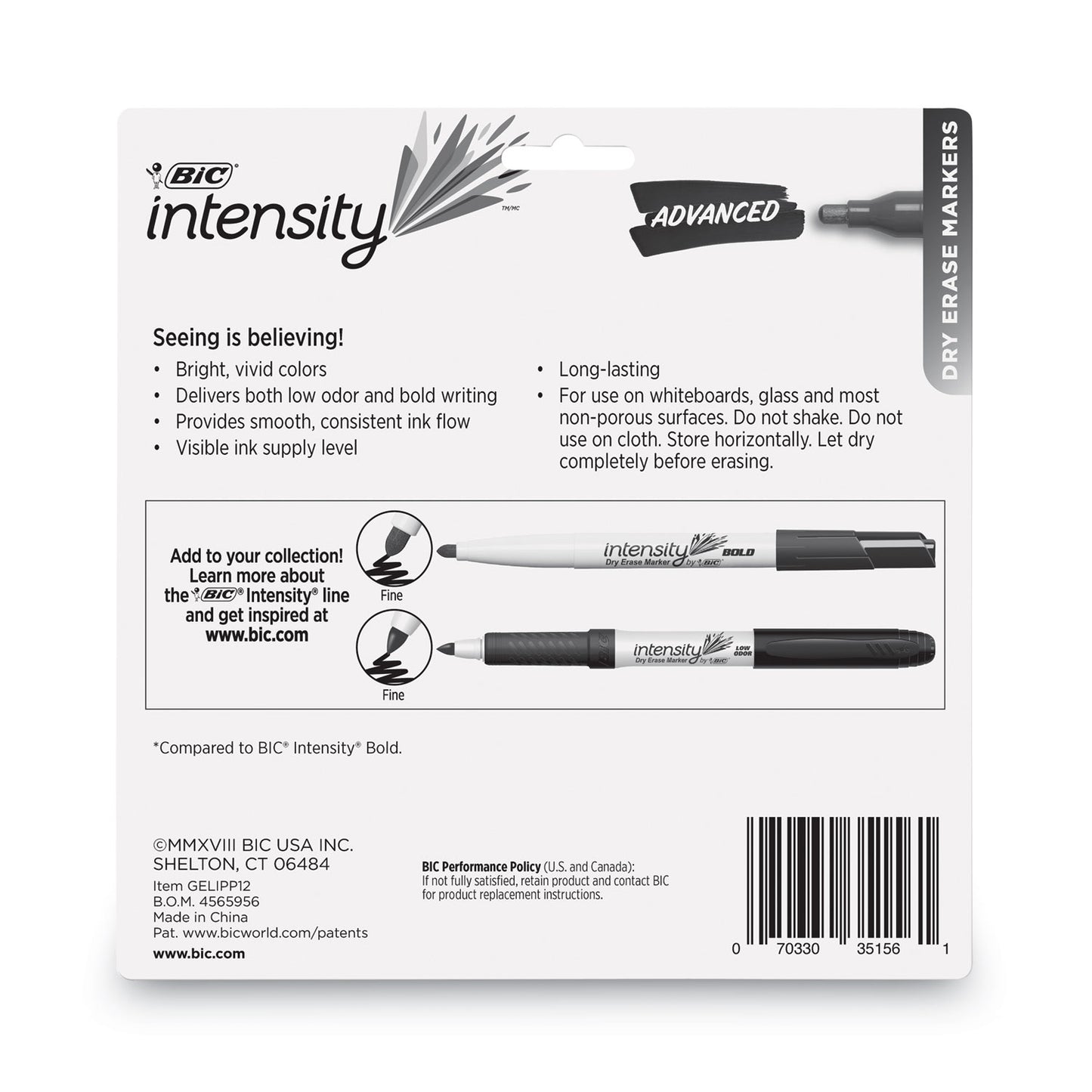BIC Intensity Advanced Dry Erase Marker, Pocket-Style, Medium Bullet Tip, Assorted Colors, Dozen (GELIPP121AST)