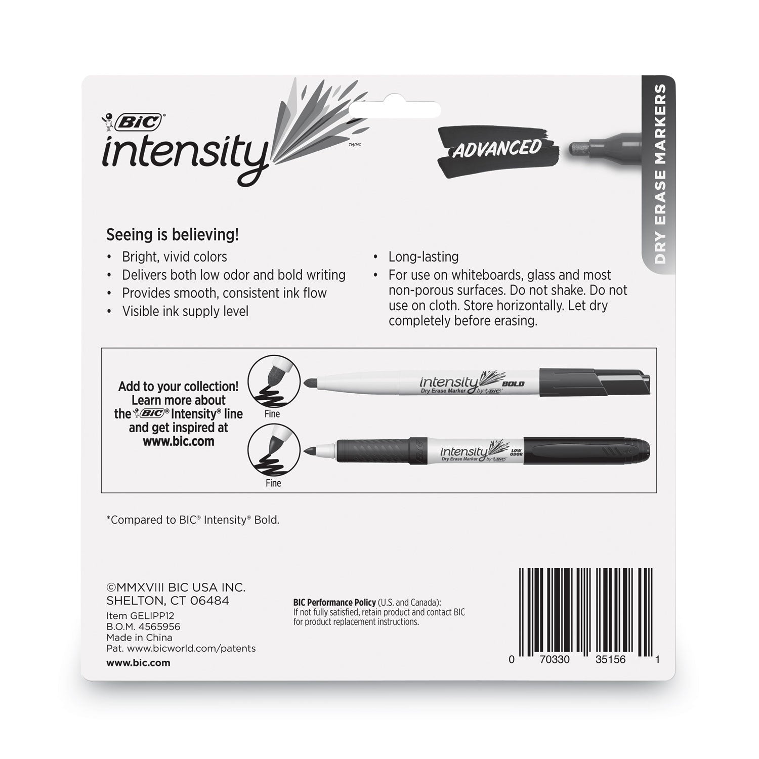 BIC Intensity Advanced Dry Erase Marker, Pocket-Style, Medium Bullet Tip, Assorted Colors, Dozen (GELIPP121AST)