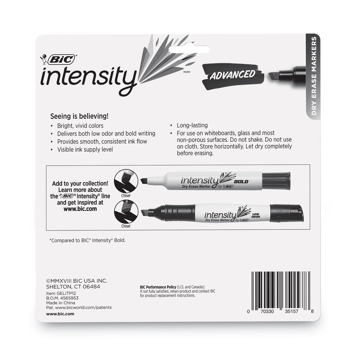 BIC Intensity Advanced Dry Erase Marker, Tank-Style, Broad Chisel Tip, Assorted Colors, Dozen (GELITP121AST)