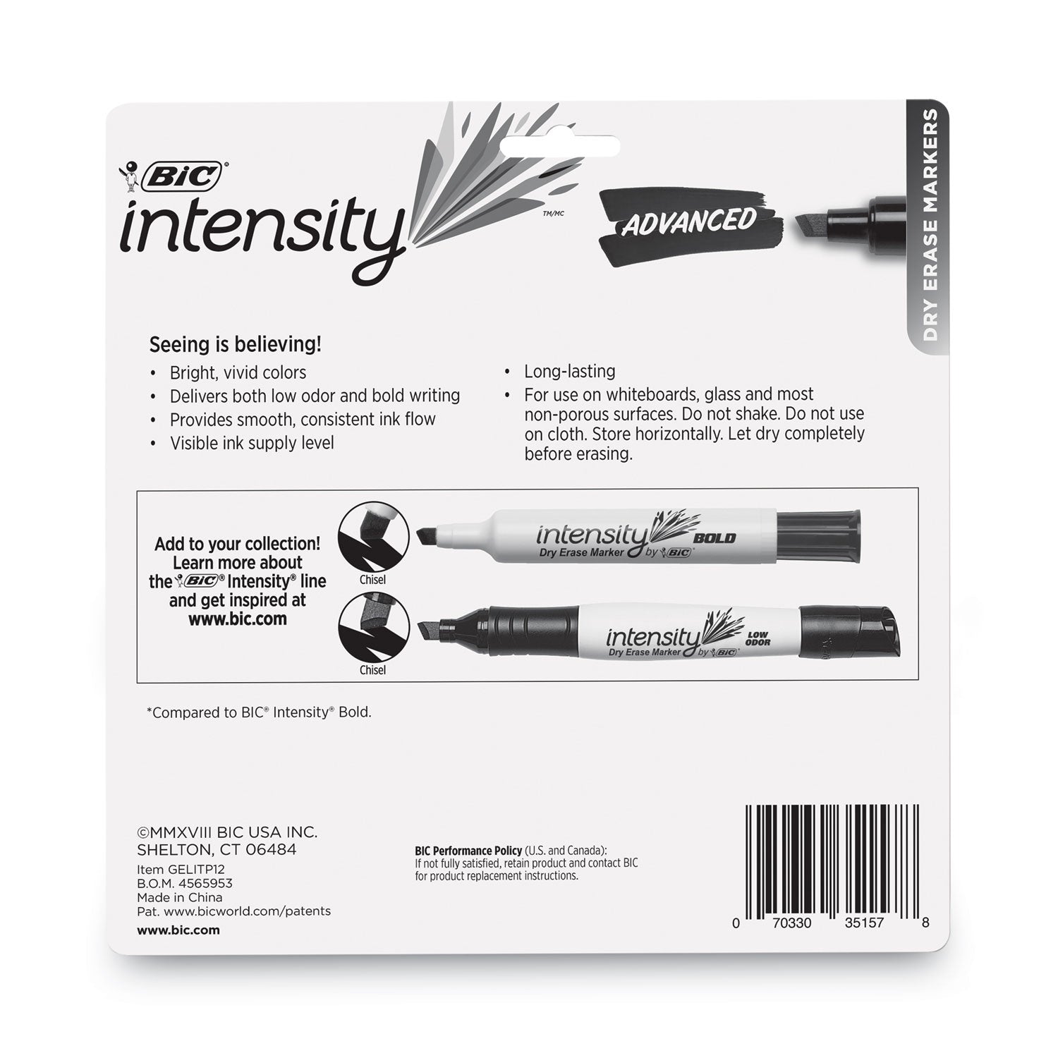 BIC Intensity Advanced Dry Erase Marker, Tank-Style, Broad Chisel Tip, Assorted Colors, Dozen (GELITP121AST)
