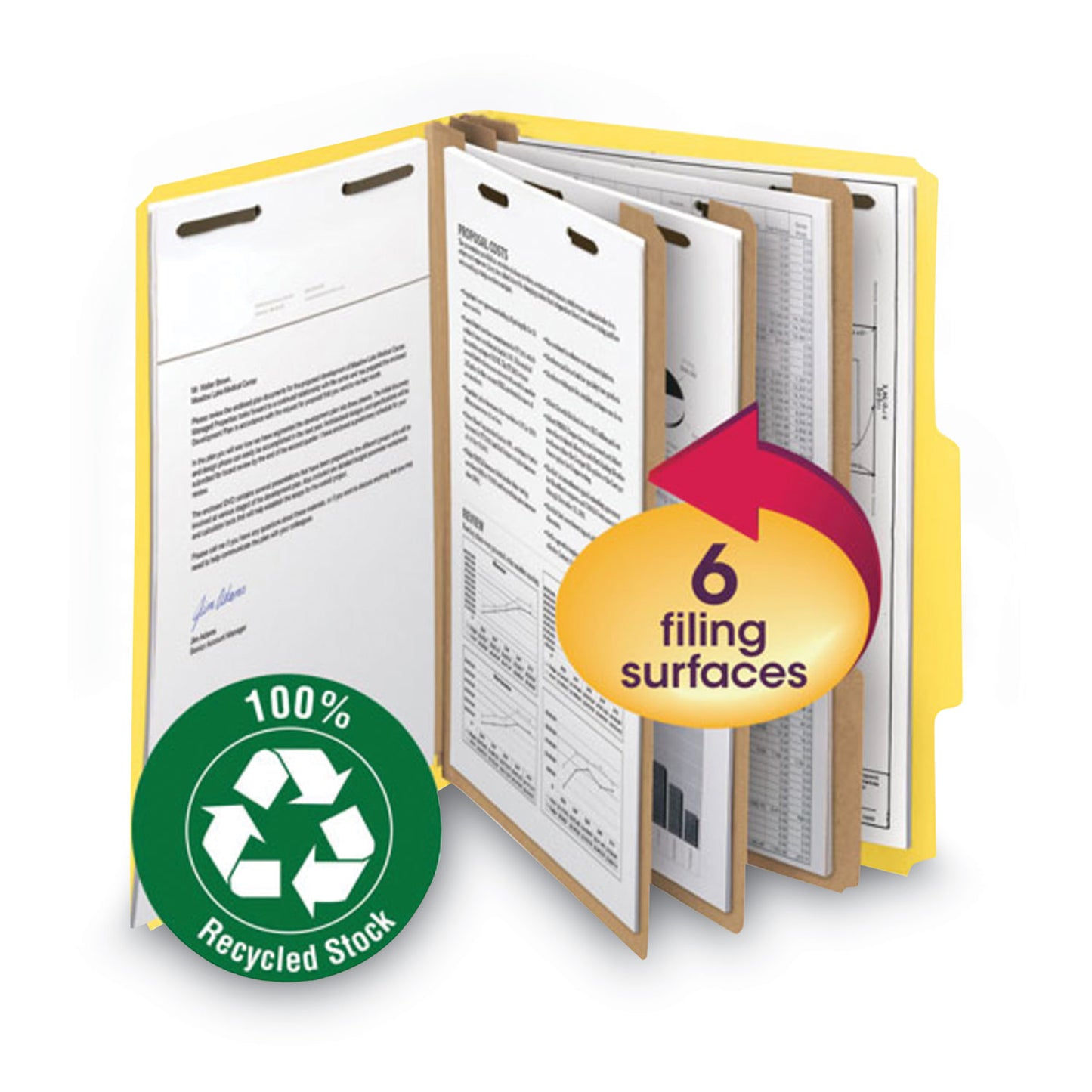 Smead Recycled Pressboard Classification Folders, 2" Expansion, 2 Dividers, 6 Fasteners, Letter Size, Yellow Exterior, 10/Box (14064)