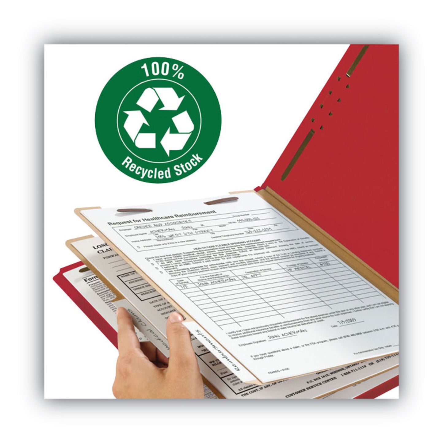 Smead Recycled Pressboard Classification Folders, 2" Expansion, 2 Dividers, 6 Fasteners, Letter Size, Bright Red, 10/Box (14061)