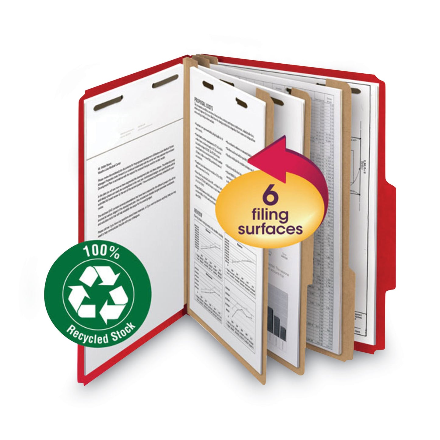 Smead Recycled Pressboard Classification Folders, 2" Expansion, 2 Dividers, 6 Fasteners, Letter Size, Bright Red, 10/Box (14061)