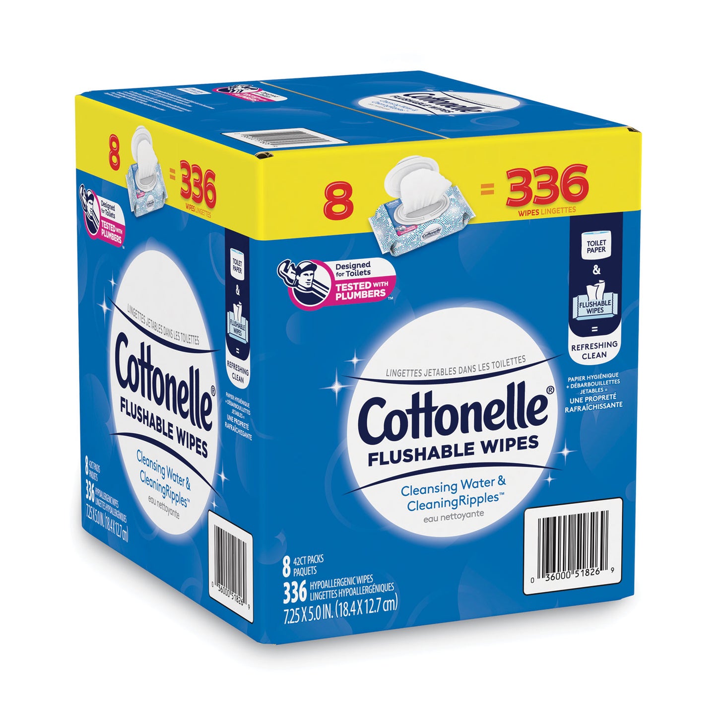 Cottonelle Flushable Wet Wipes, Flip-Top Pack, 5 x 7.25, White, 42 Sheets/Pack, 8 Packs/Carton (51826)