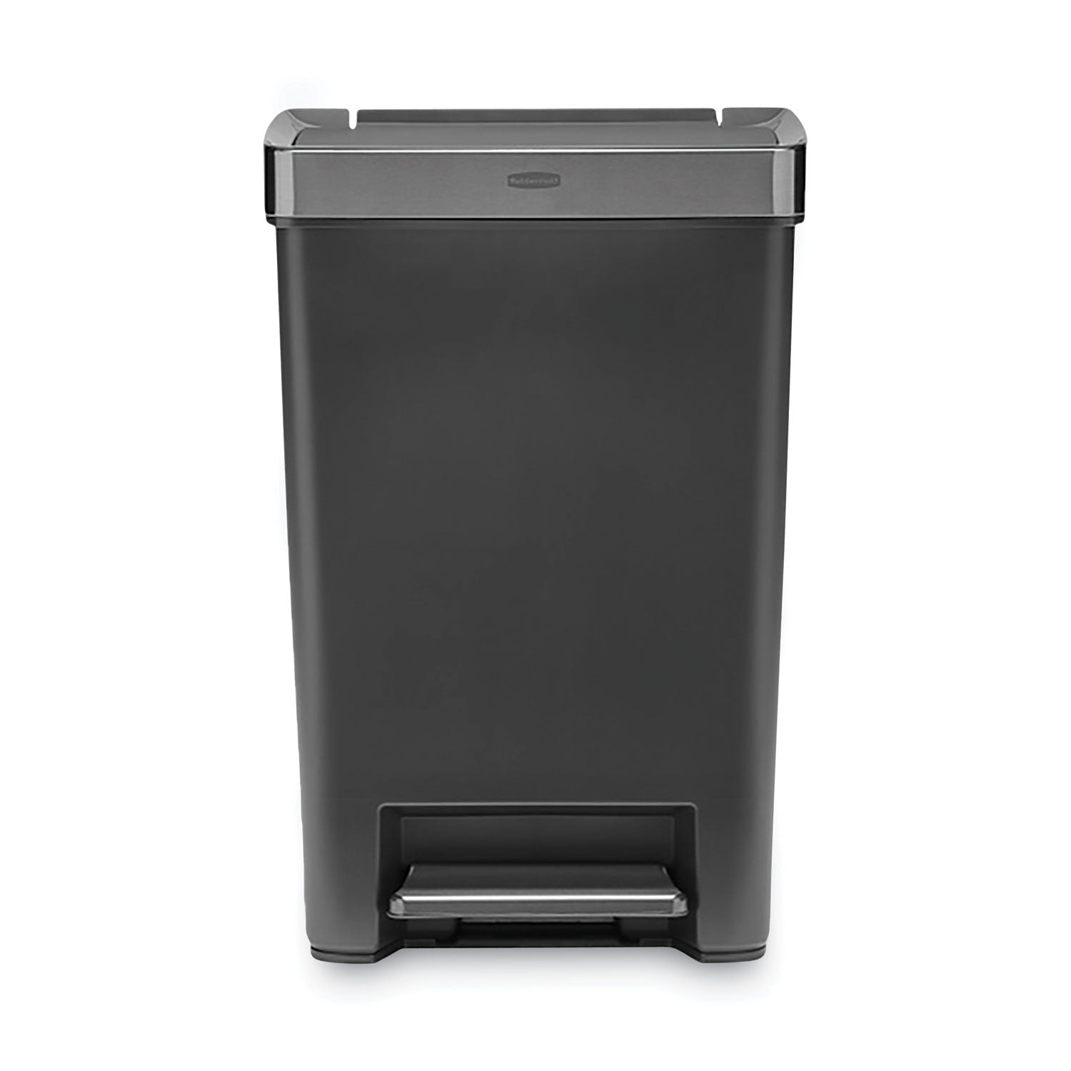 Rubbermaid Commercial Premier Series III Step-On Waste Container, 12.4 gal, Plastic, Black/Stainless Steel (2120983)