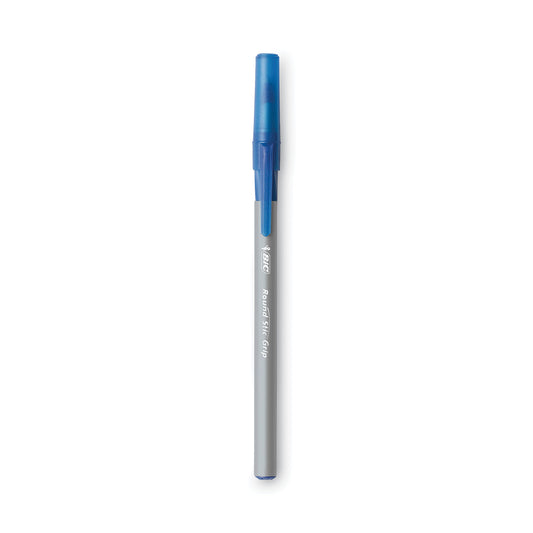 BIC Round Stic Grip Xtra Comfort Ballpoint Pen, Stick, Fine 0.8 mm, Blue Ink, Gray/Blue Barrel, Dozen (GSFG11BE)