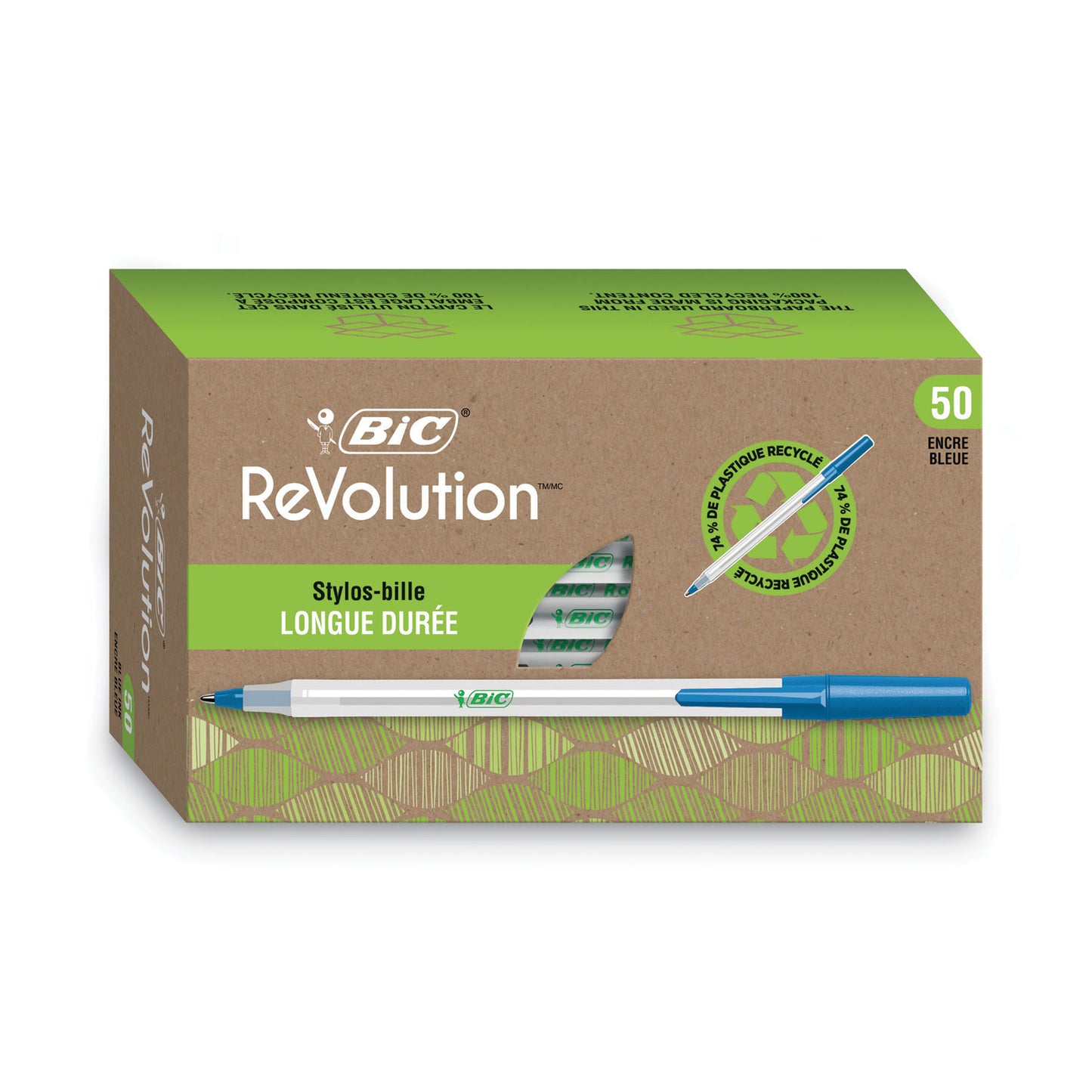 BIC Ecolutions Round Stic Ballpoint Pen Value Pack, Stick, Medium 1 mm, Blue Ink, Clear Barrel, 50/Pack (GSME509BE)