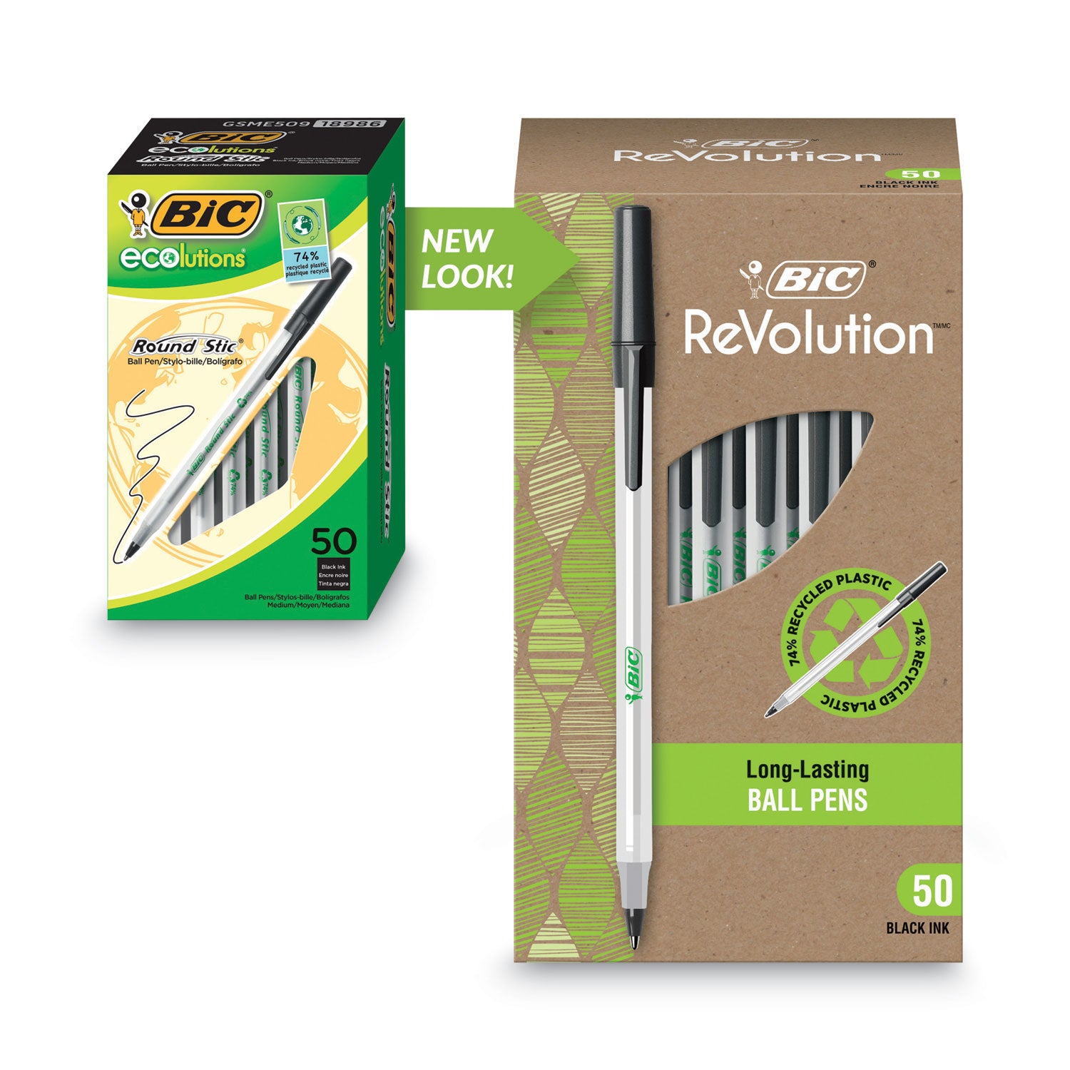 BIC Ecolutions Round Stic Ballpoint Pen Value Pack, Stick, Medium 1 mm, Black Ink, Clear Barrel, 50/Pack (GSME509BK)