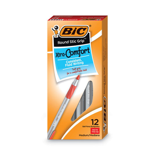 BIC Round Stic Grip Xtra Comfort Ballpoint Pen, Easy-Glide, Stick, Medium 1.2 mm, Red Ink, Gray/Red Barrel, Dozen (GSMG11RD)