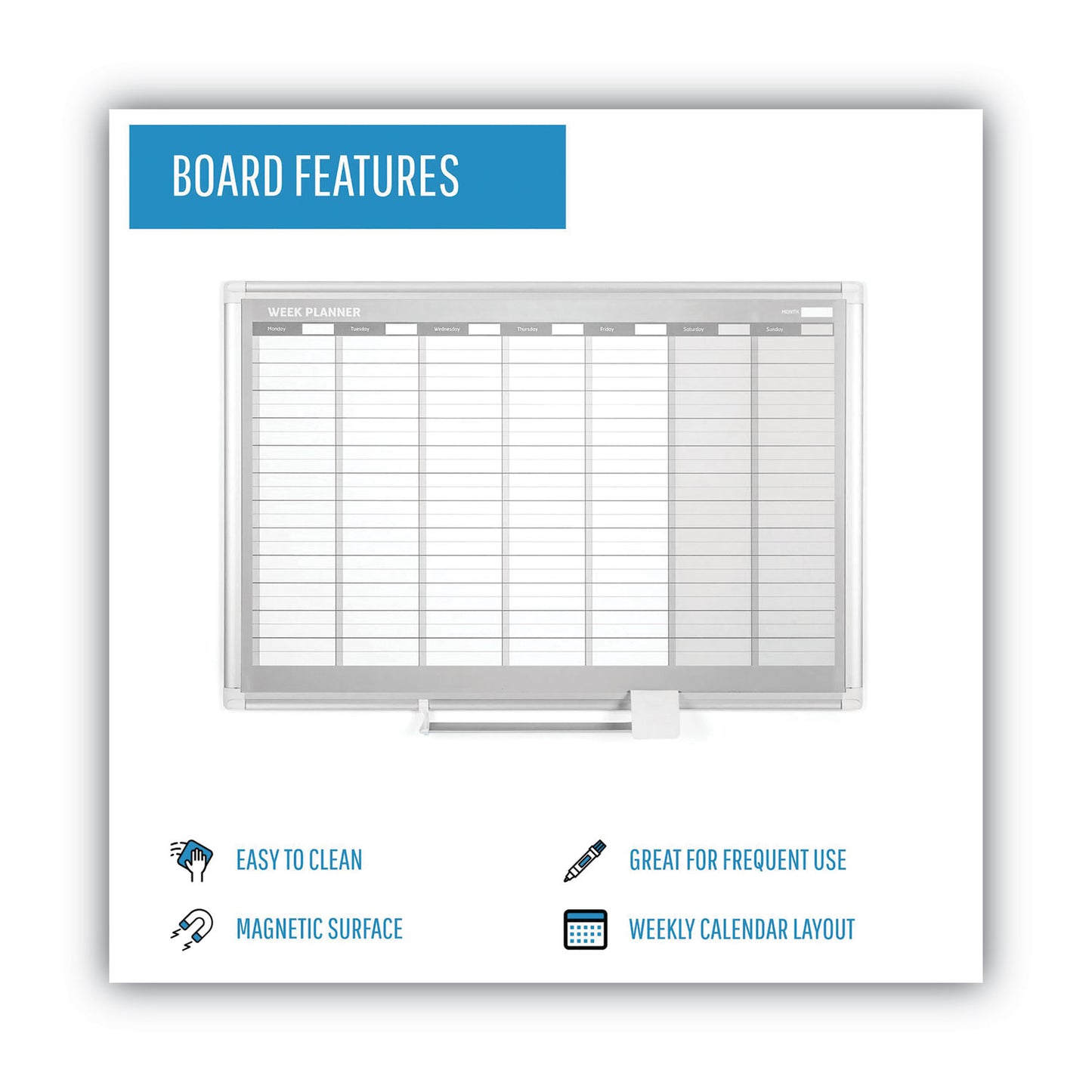 MasterVision Magnetic Dry Erase Calendar Board, Weekly Calendar, 36 x 24, White Surface, Silver Aluminum Frame (GA0396830)