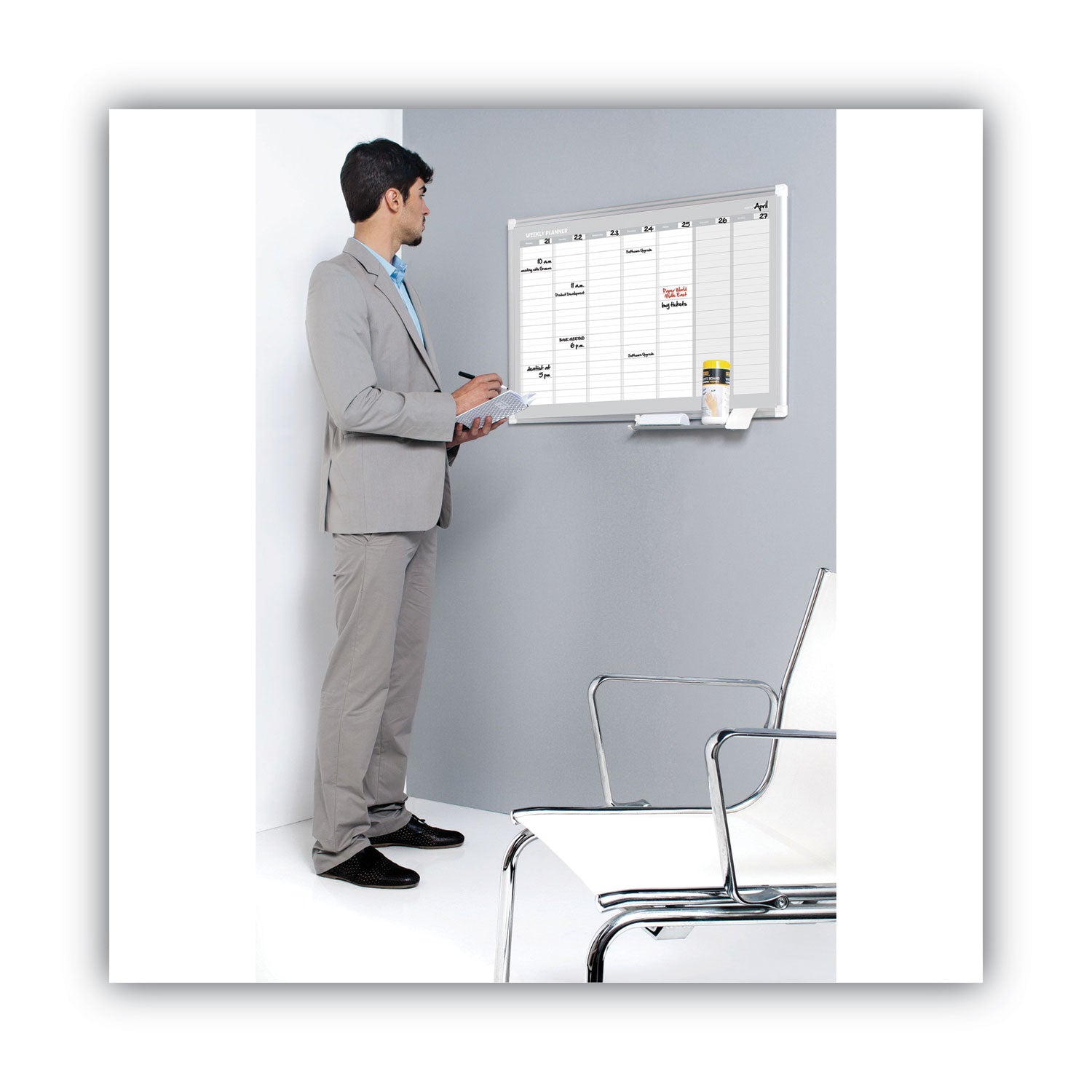 MasterVision Magnetic Dry Erase Calendar Board, Weekly Calendar, 36 x 24, White Surface, Silver Aluminum Frame (GA0396830)