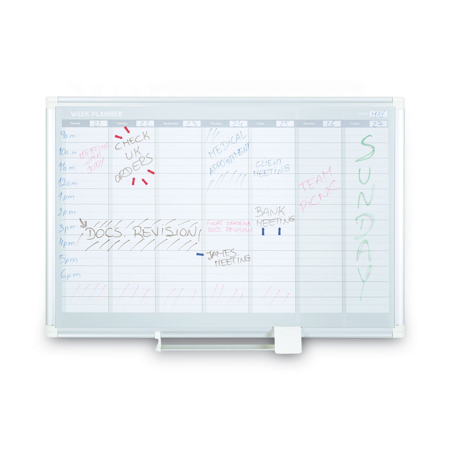 MasterVision Magnetic Dry Erase Calendar Board, Weekly Calendar, 36 x 24, White Surface, Silver Aluminum Frame (GA0396830)