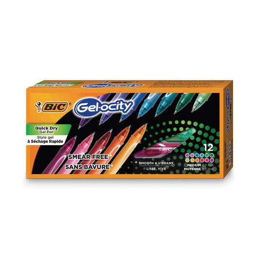 BIC Gel-ocity Quick Dry Gel Pen, Retractable, Fine 0.7 mm, 12 Assorted Ink and Barrel Colors, Dozen (RGLCGA11AST)