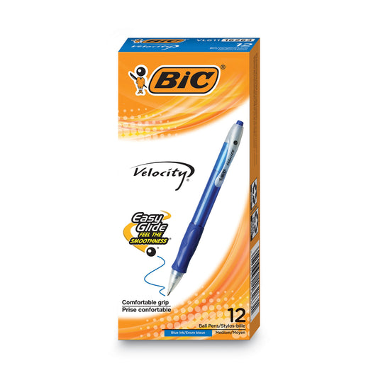 BIC Velocity Easy Glide Ballpoint Pen, Retractable, Medium 1 mm, Blue Ink, Translucent Blue Barrel, Dozen (VLG11BE)