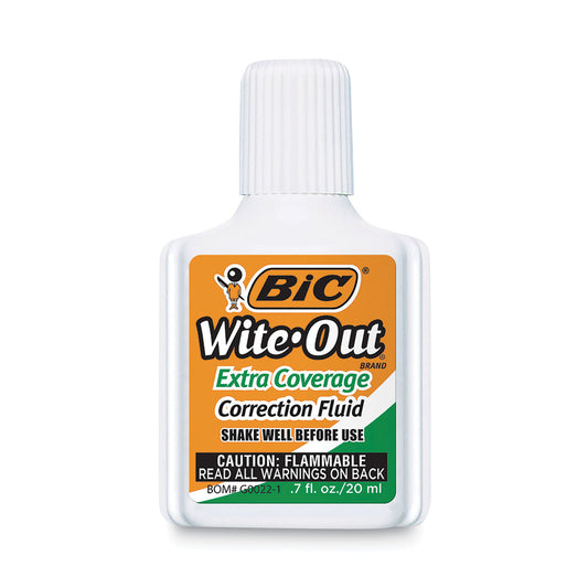 BIC Wite-Out Extra Coverage Correction Fluid, 20 mL Bottle, White, Dozen (WOFEC12WE)