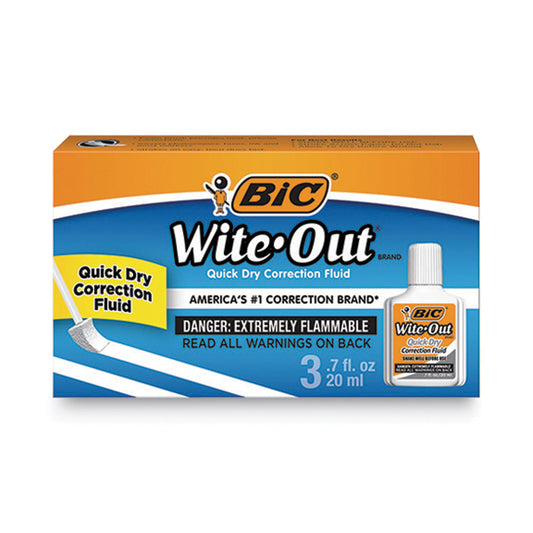 BIC Wite-Out Quick Dry Correction Fluid, 20 mL Bottle, White, 3/Pack (WOFQD324)