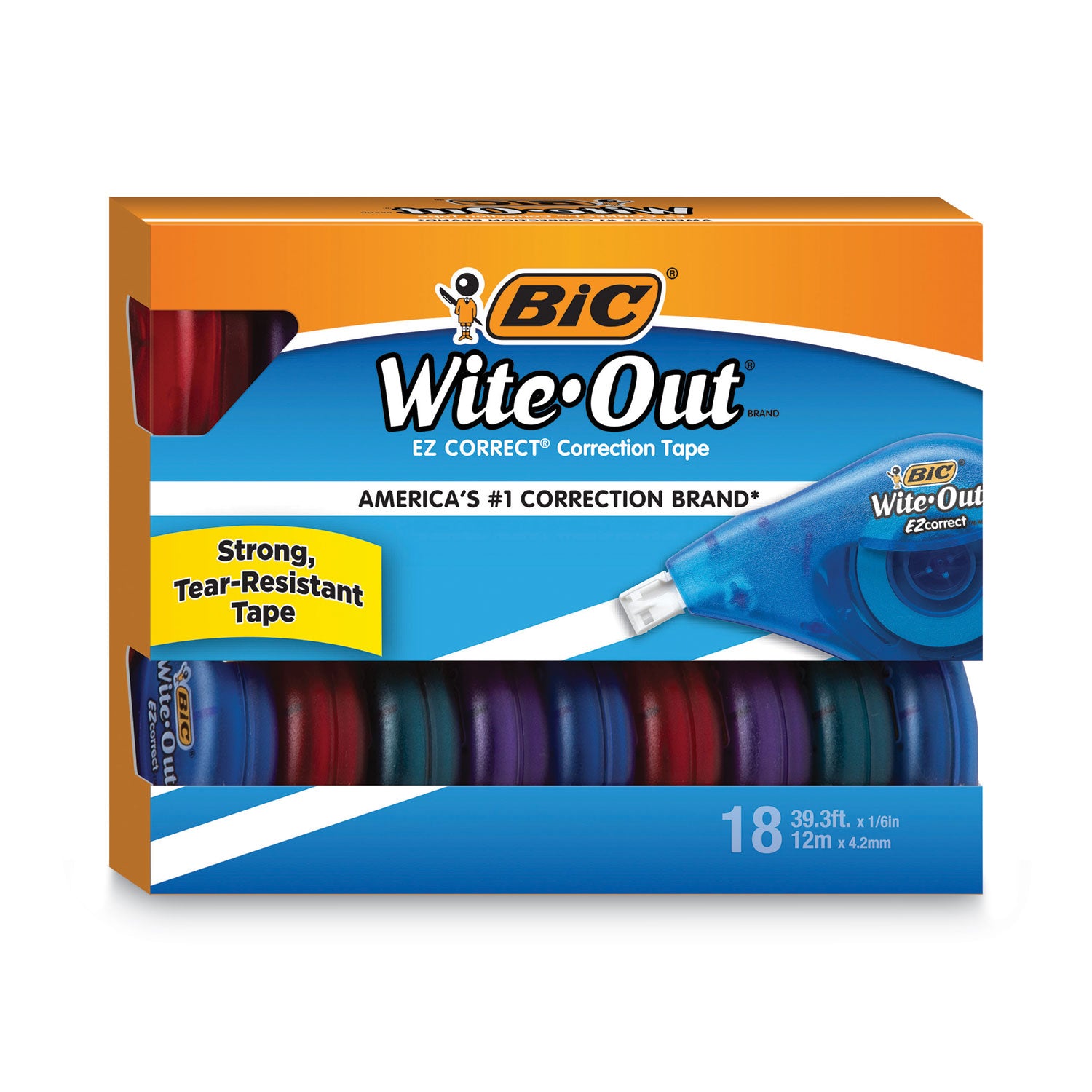 BIC Wite-Out EZ Correct Correction Tape Value Pack, Non-Refillable, Randomly Assorted Applicator Colors, 0.17" x 472", 18/Pack (WOTAP18)