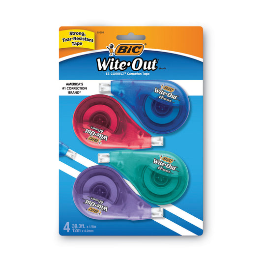 BIC Wite-Out EZ Correct Correction Tape, Non-Refillable, Randomly Assorted Applicator Colors, 0.17" x 400", 4/Pack (WOTAPP418)
