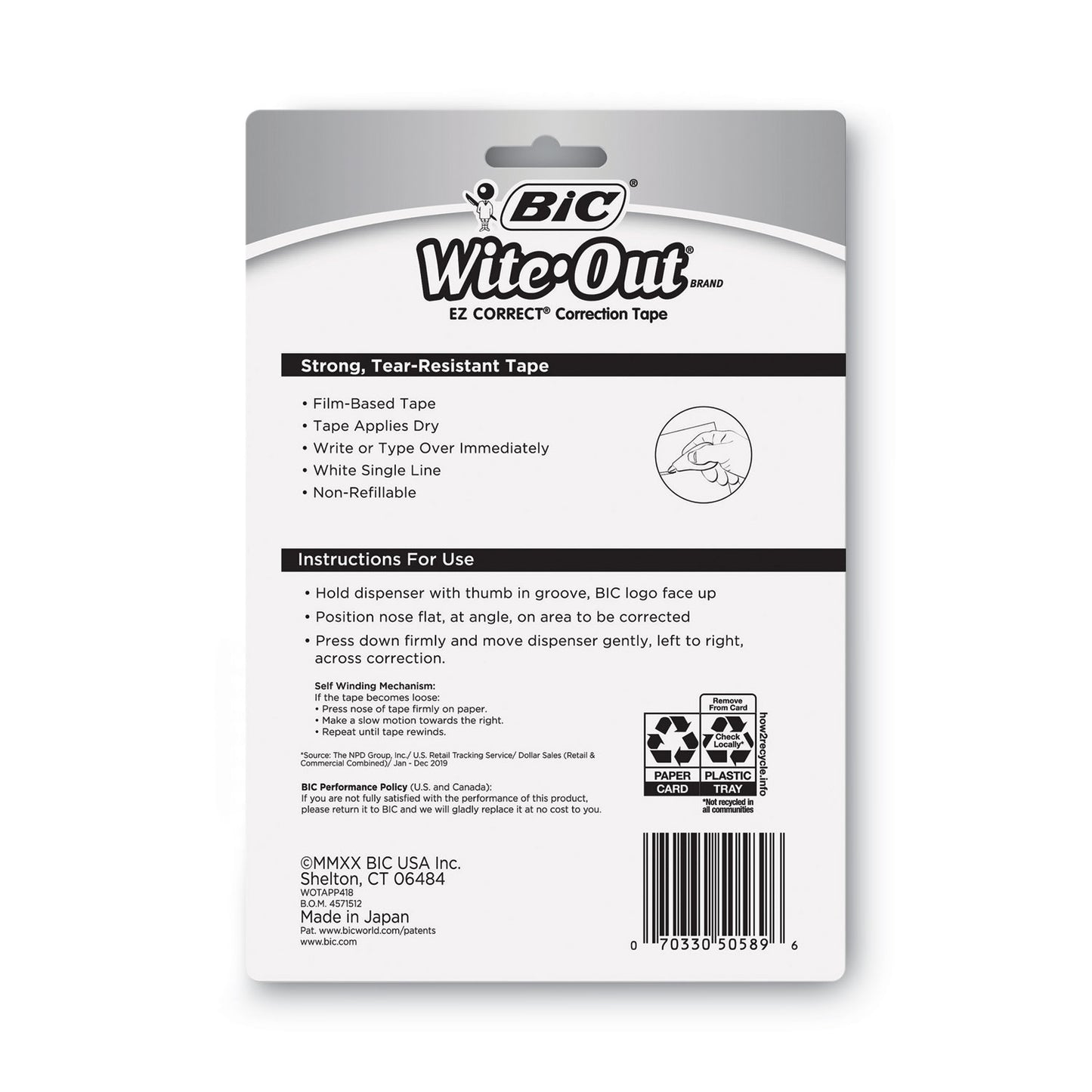 BIC Wite-Out EZ Correct Correction Tape, Non-Refillable, Randomly Assorted Applicator Colors, 0.17&quot; x 400&quot;, 4/Pack (WOTAPP418)