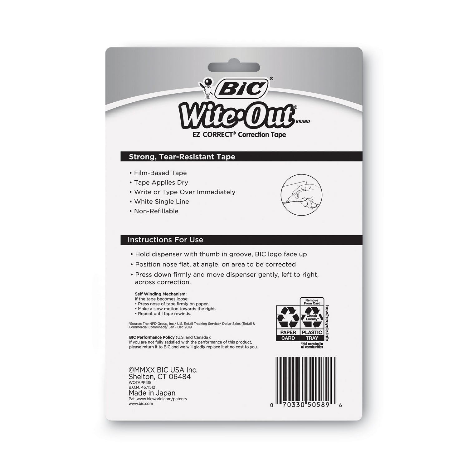 BIC Wite-Out EZ Correct Correction Tape, Non-Refillable, Randomly Assorted Applicator Colors, 0.17&quot; x 400&quot;, 4/Pack (WOTAPP418)
