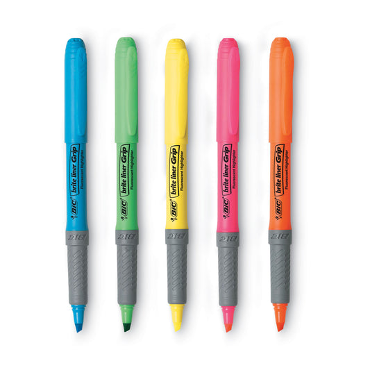 BIC Brite Liner Grip Pocket Highlighter, Assorted Ink Colors, Chisel Tip, Assorted Barrel Colors, 5/Set (GBLP51ASST)