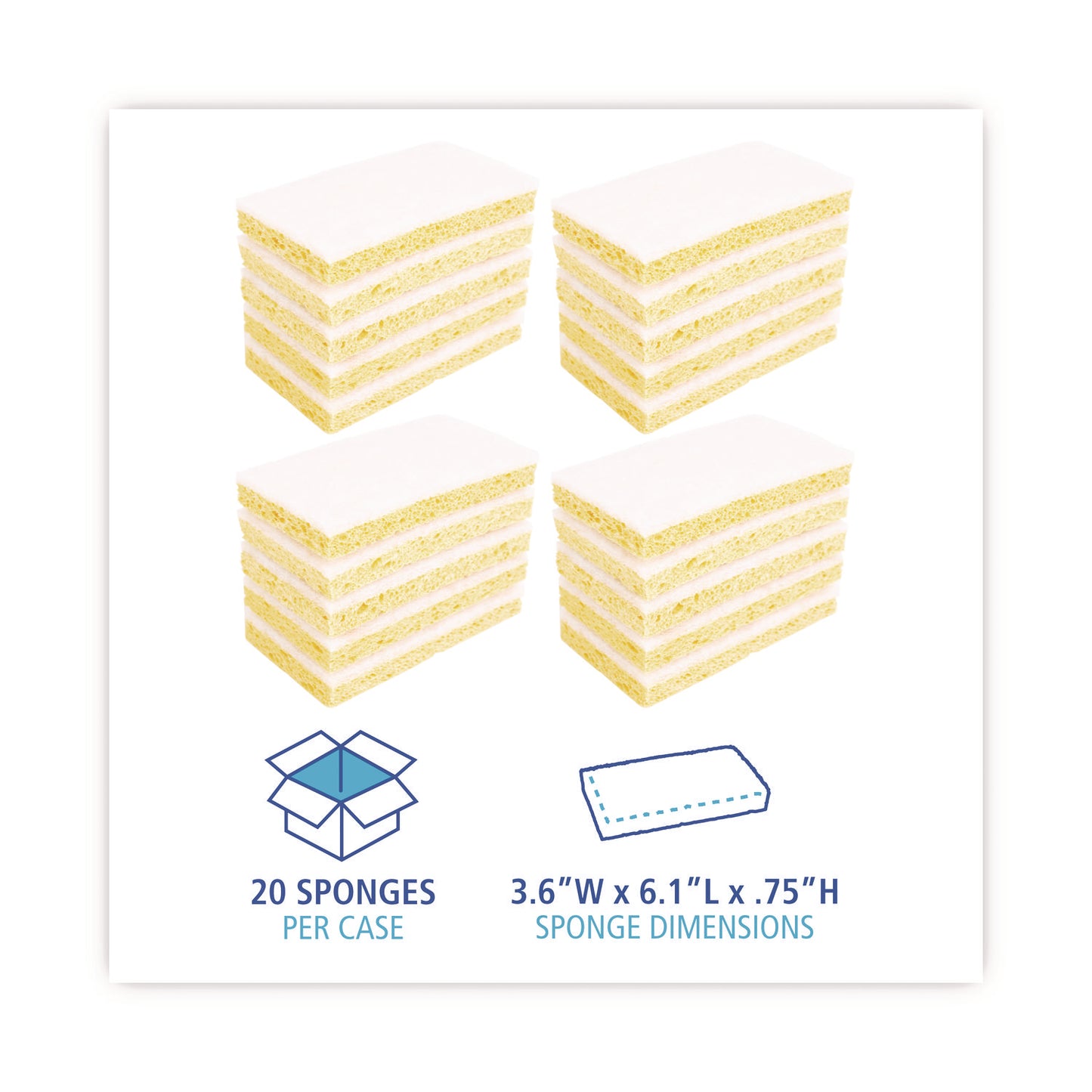 Boardwalk Scrubbing Sponge, Light Duty, 3.6 x 6.1, 0.7" Thick, Yellow/White, Individually Wrapped, 20/Carton (16320)