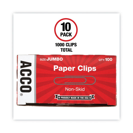 Acco Paper Clips, Jumbo, Nonskid, Silver, 100 Clips/Box, 10 Boxes/Pack (72585)