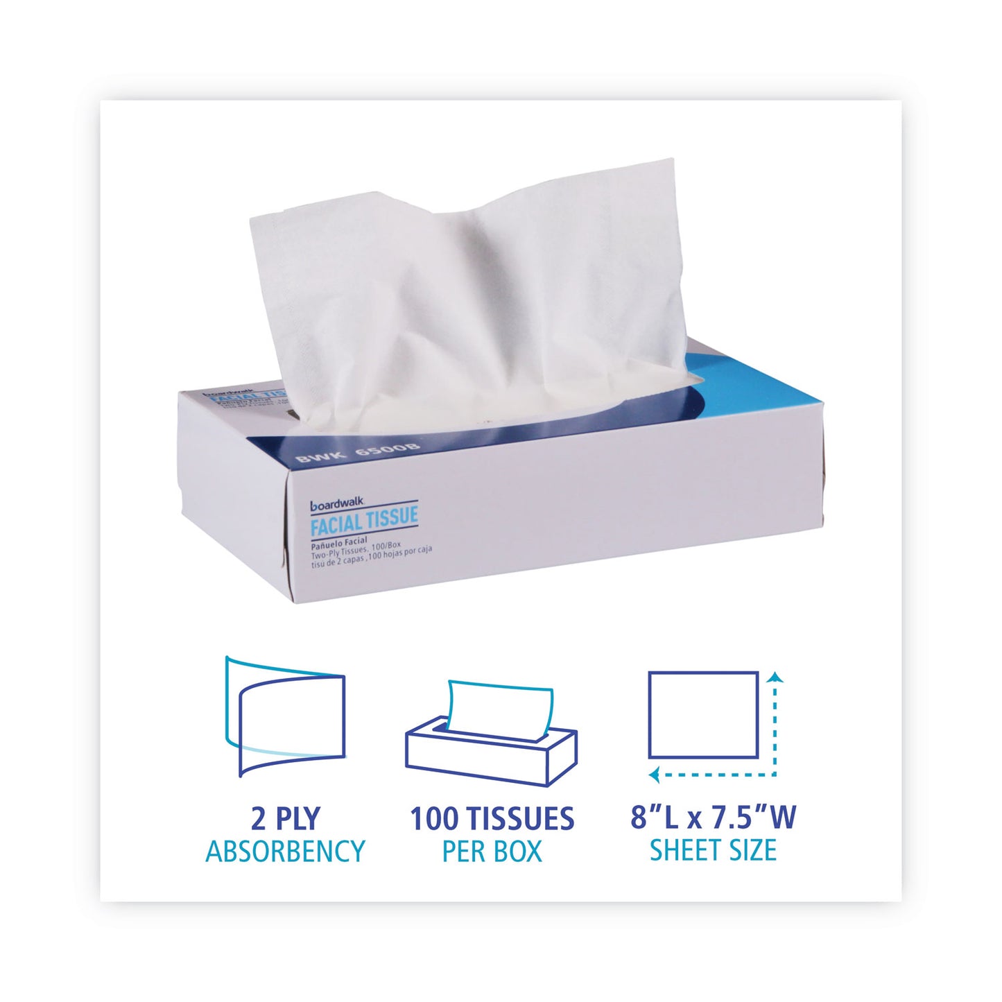 Boardwalk Office Packs Facial Tissue, 2-Ply, White, Flat Box, 100 Sheets/Box, 30 Boxes/Carton (6500B)