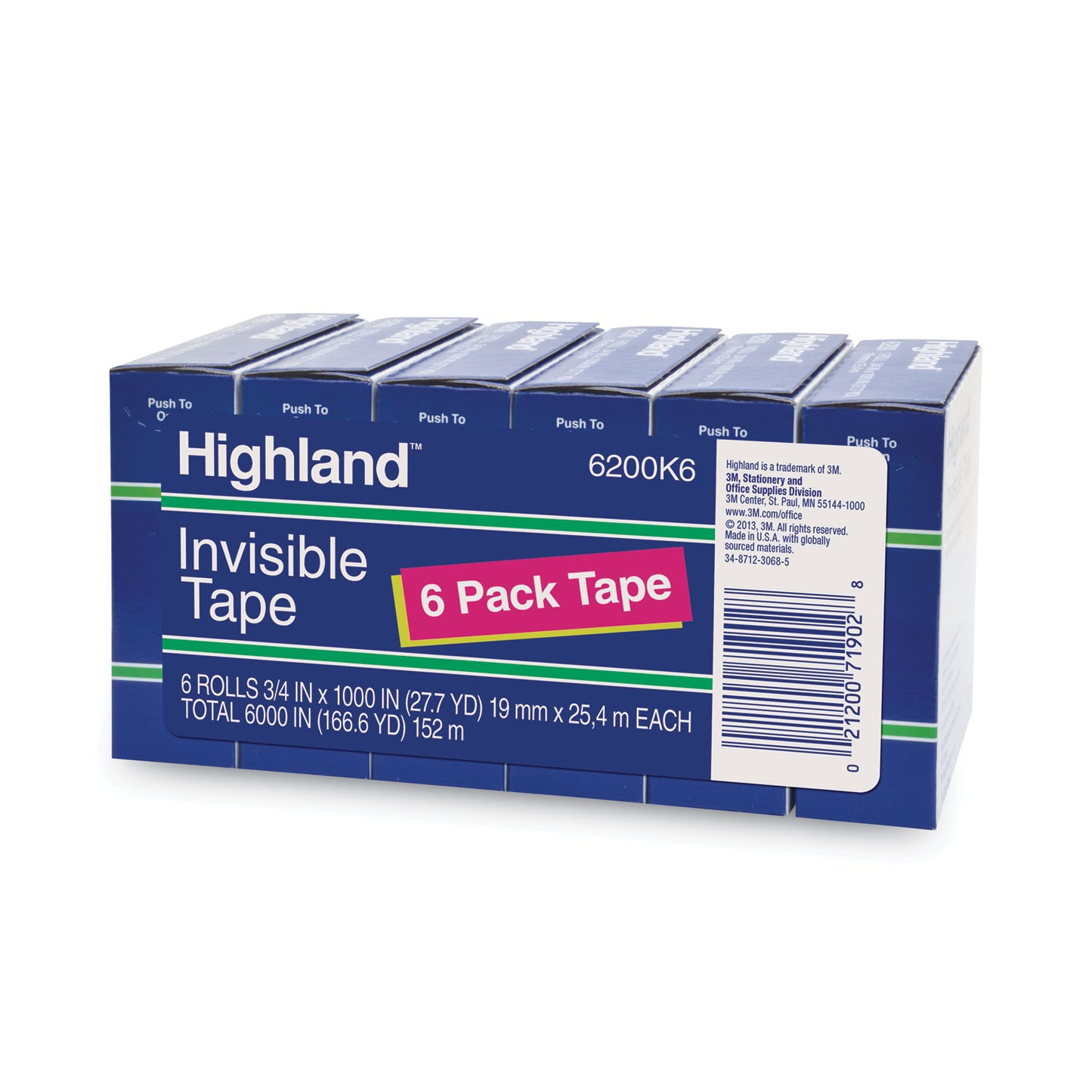 Highland Invisible Permanent Mending Tape, 1" Core, 0.75" x 83.33 ft, Clear, 6/Pack (6200K6)