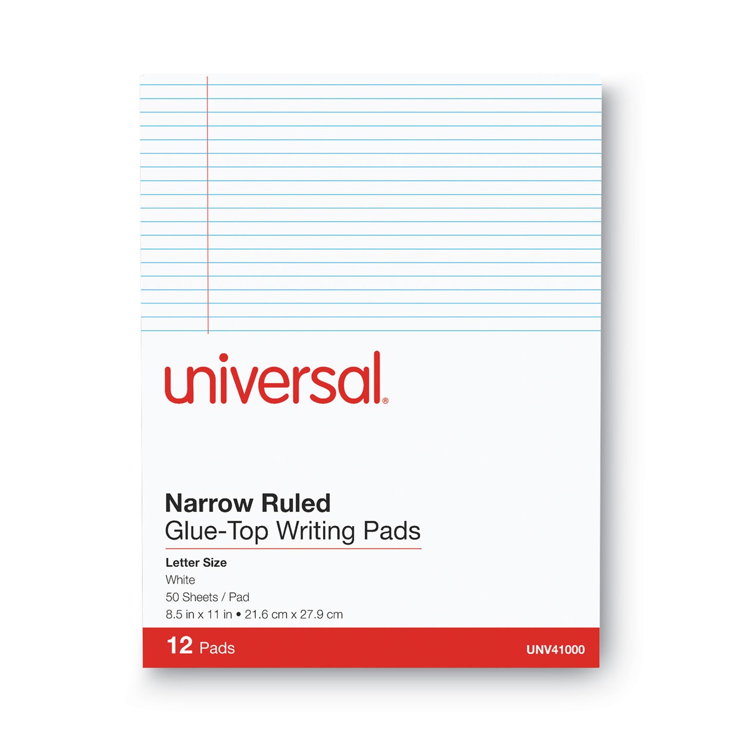 Universal Glue Top Pads, Narrow Rule, 50 White 8.5 x 11 Sheets, Dozen (41000)