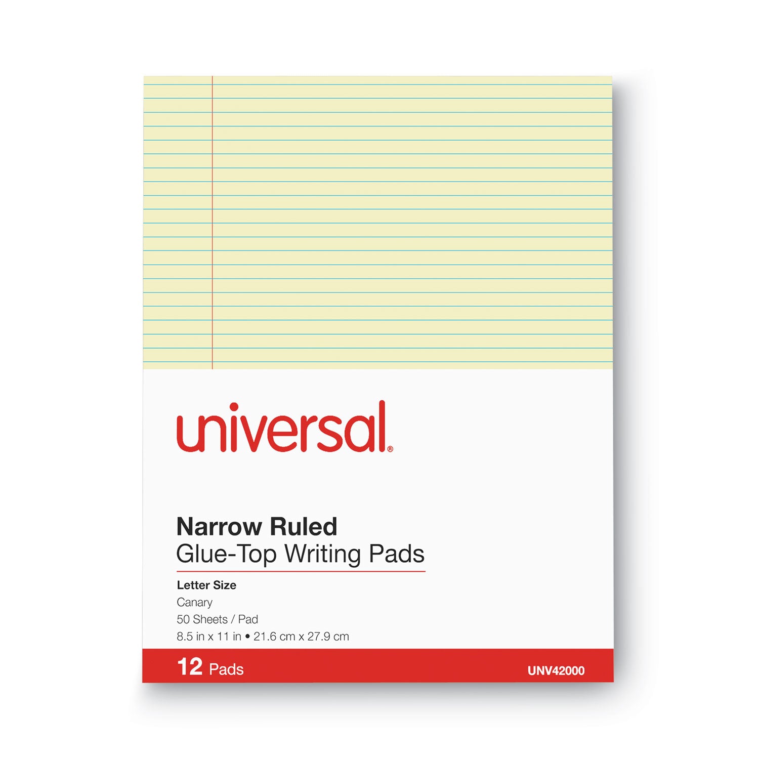 Universal Glue Top Pads, Narrow Rule, 50 Canary-Yellow 8.5 x 11 Sheets, Dozen (42000)