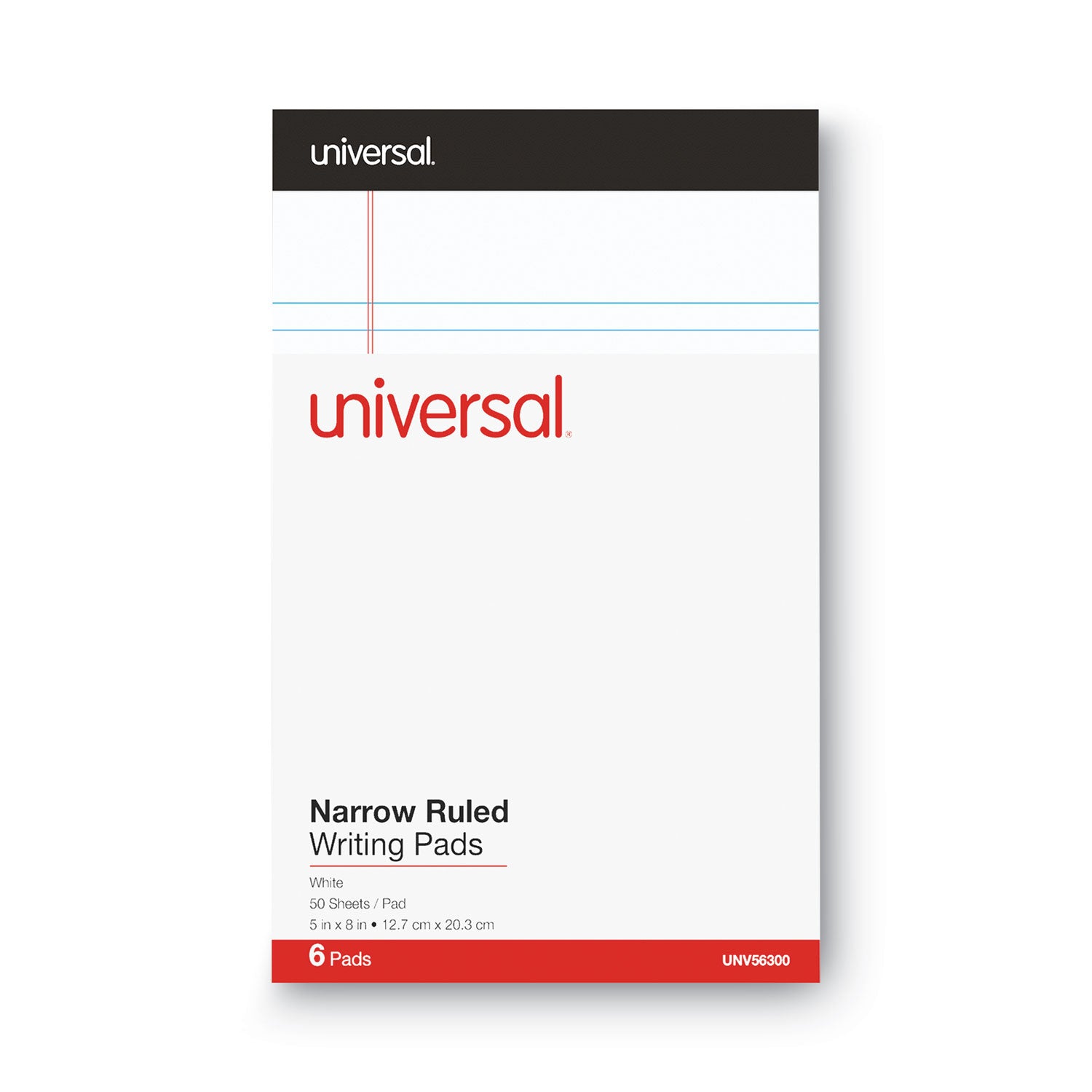 Universal Premium Ruled Writing Pads with Heavy-Duty Back, Narrow Rule, Black Headband, 50 White 5 x 8 Sheets, 6/Pack (56300)