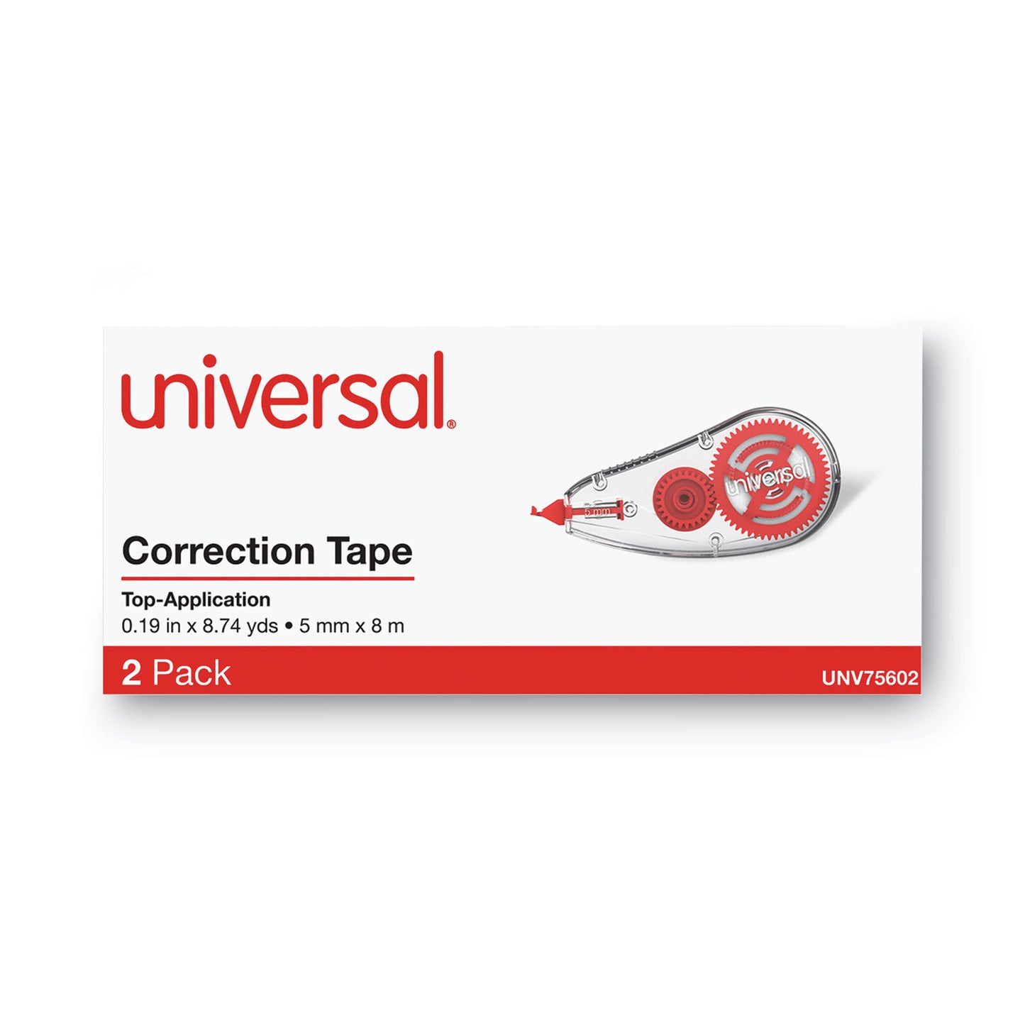 Universal Correction Tape Dispenser, Non-Refillable, Transparent Red Applicator, 0.2" x 315", 2/Pack (75602)