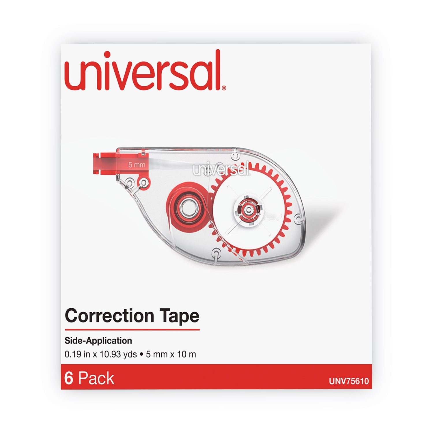 Universal Side-Application Correction Tape, Transparent Red Applicator, 0.2" x 393", 6/Pack (75610)