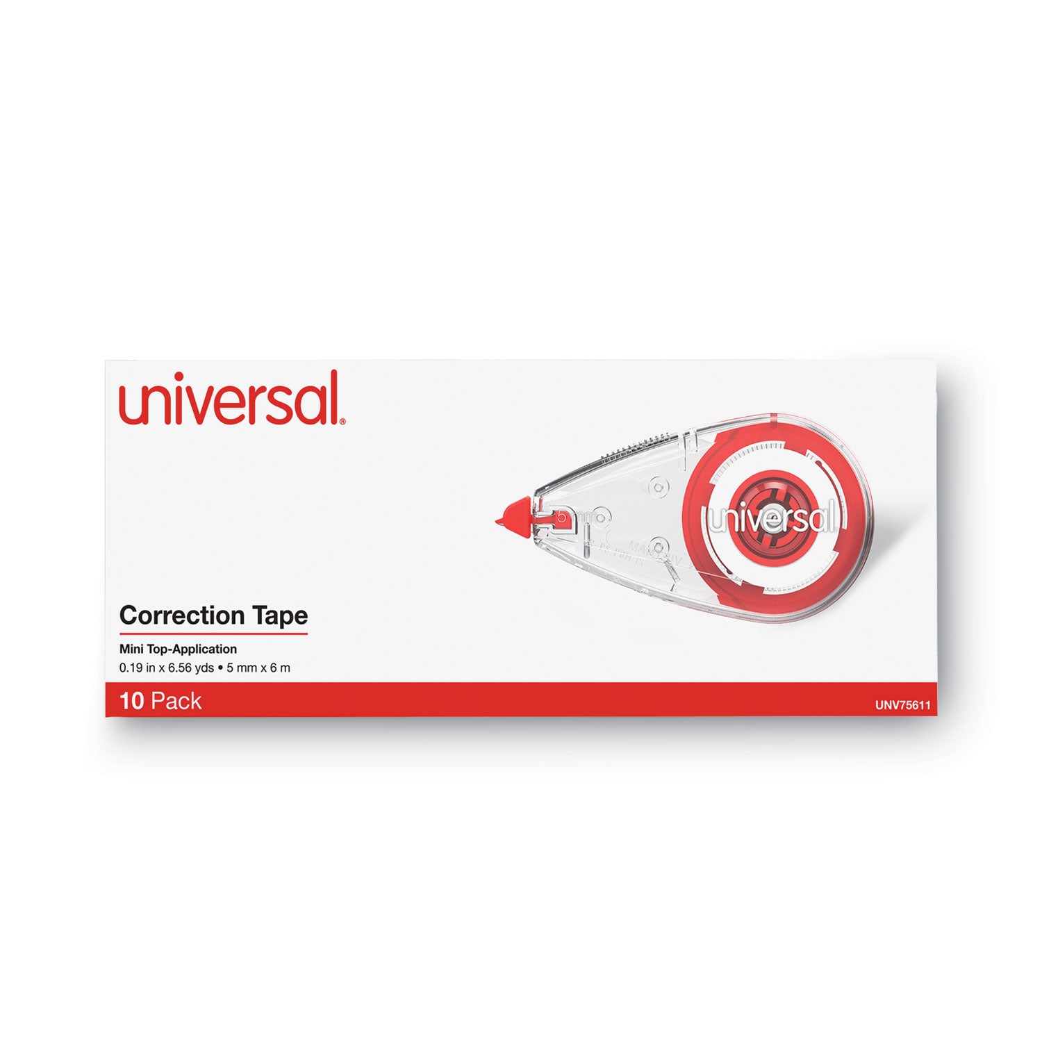 Universal Correction Tape, Mini Economy, Non-Refillable, Clear/Red Applicator, 0.25" x 275", 10/Pack (75611)