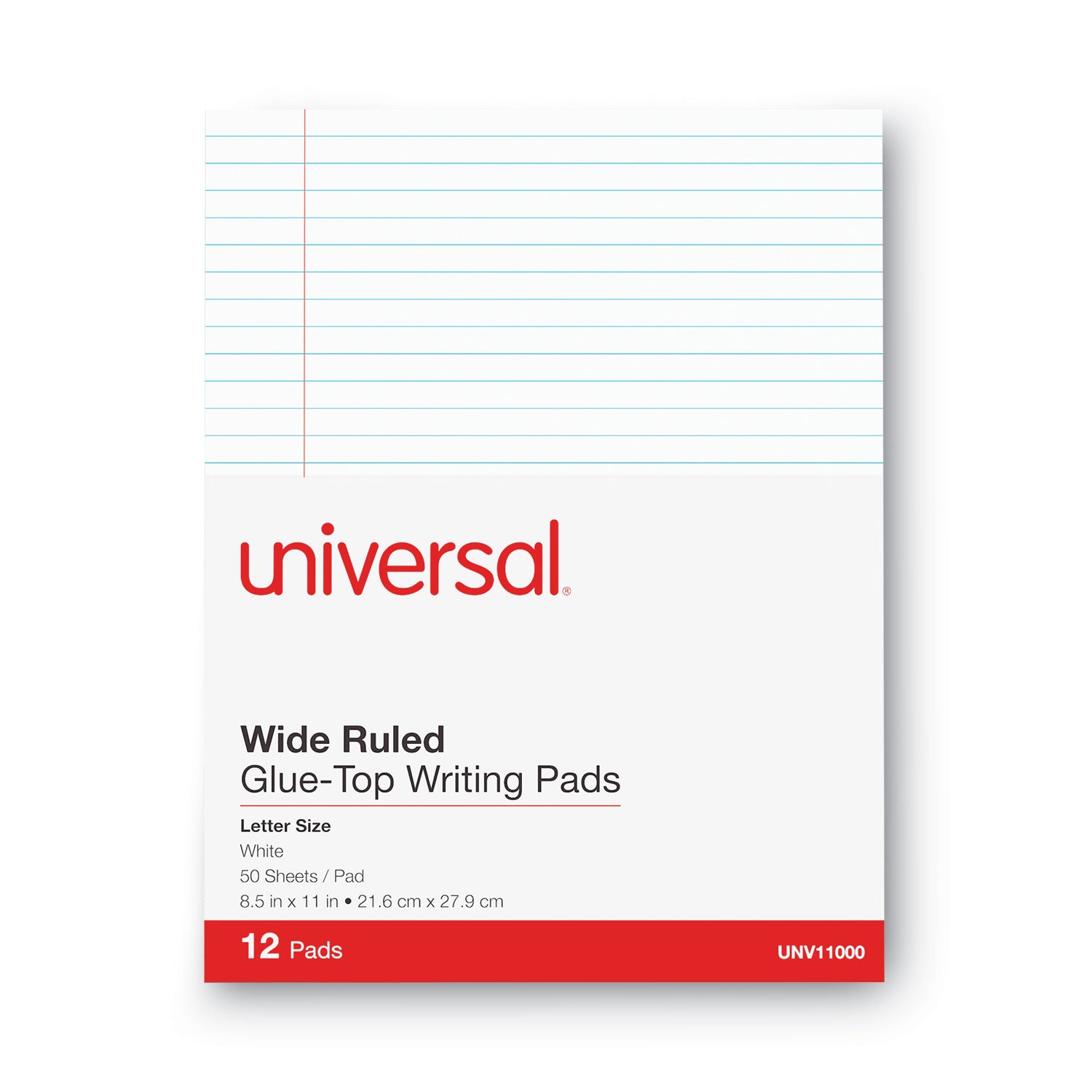 Universal Glue Top Pads, Wide/Legal Rule, 50 White 8.5 x 11 Sheets, Dozen (11000)