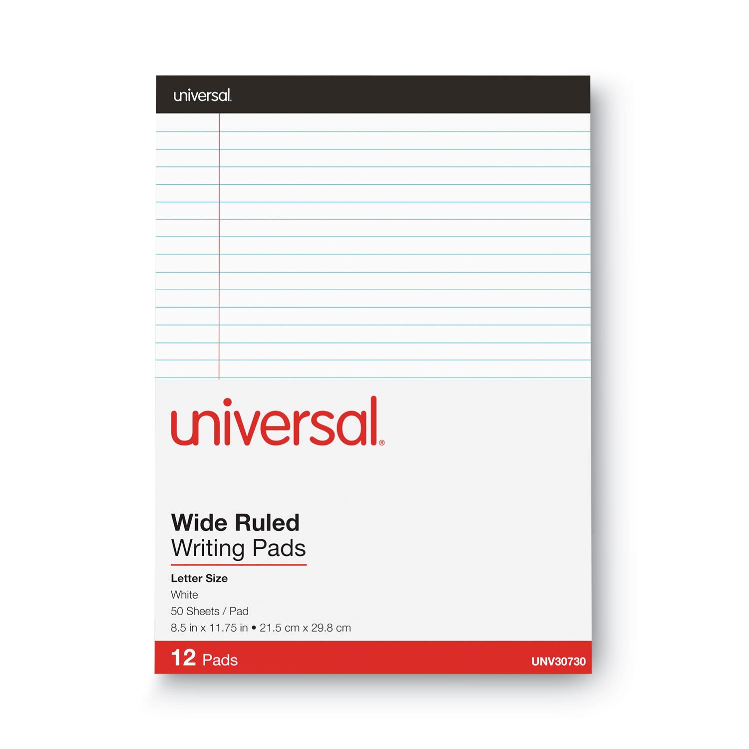 Universal Premium Ruled Writing Pads with Heavy-Duty Back, Wide/Legal Rule, Black Headband, 50 White 8.5 x 11 Sheets, 12/Pack (30730)