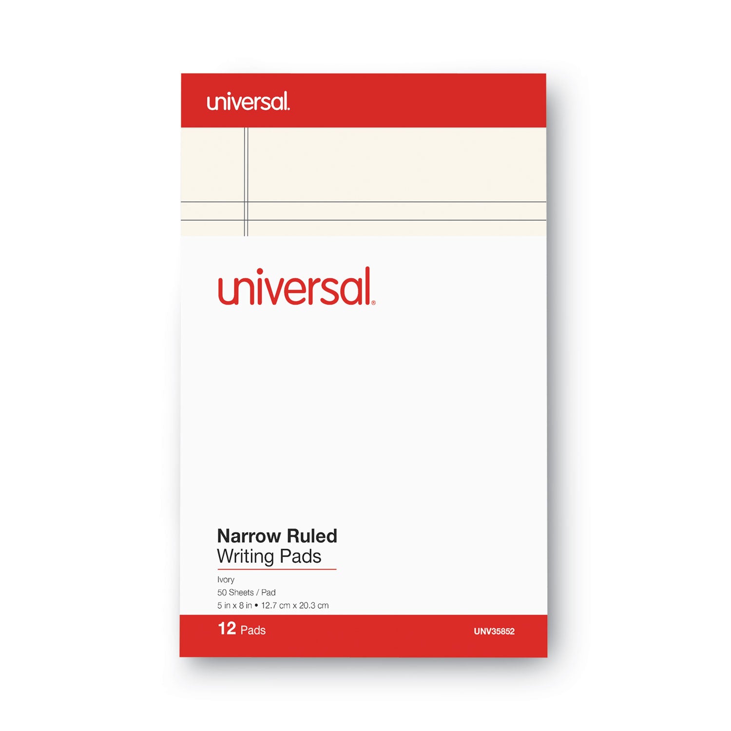 Universal Colored Perforated Ruled Writing Pads, Narrow Rule, 50 Ivory 5 x 8 Sheets, Dozen (35852)