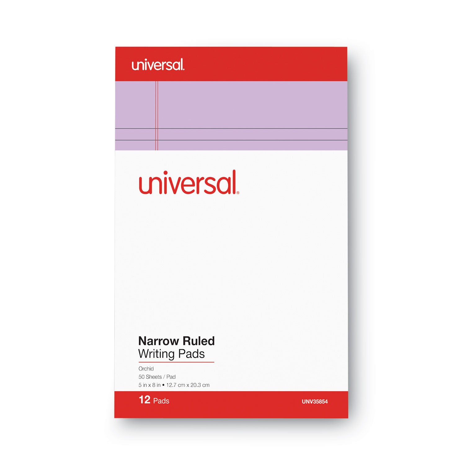 Universal Colored Perforated Ruled Writing Pads, Narrow Rule, 50 Orchid 5 x 8 Sheets, Dozen (35854)