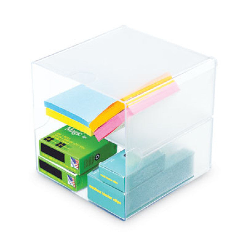 Deflecto Stackable Cube Organizer, Divided, 2 Compartments, Plastic, 6 x 6 x 6, Clear (350701)