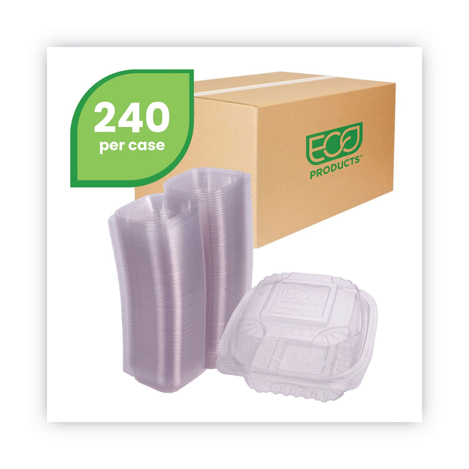 Eco-Products Renewable and Compostable Clear Clamshell Hinged Food Containers, 6 x 6 x 3, Plastic, 80/Pack, 3 Packs/Carton (EPLC6)