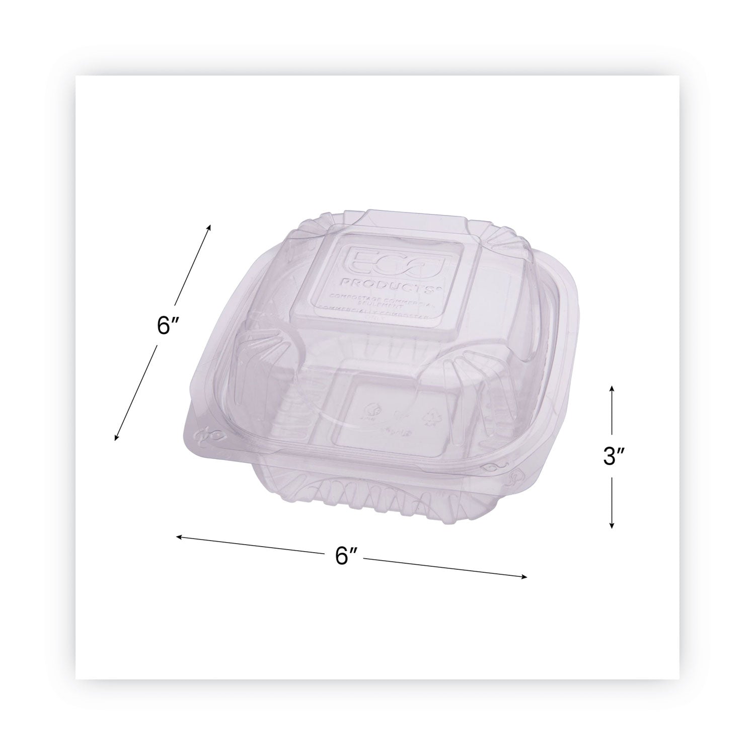 Eco-Products Renewable and Compostable Clear Clamshell Hinged Food Containers, 6 x 6 x 3, Plastic, 80/Pack, 3 Packs/Carton (EPLC6)