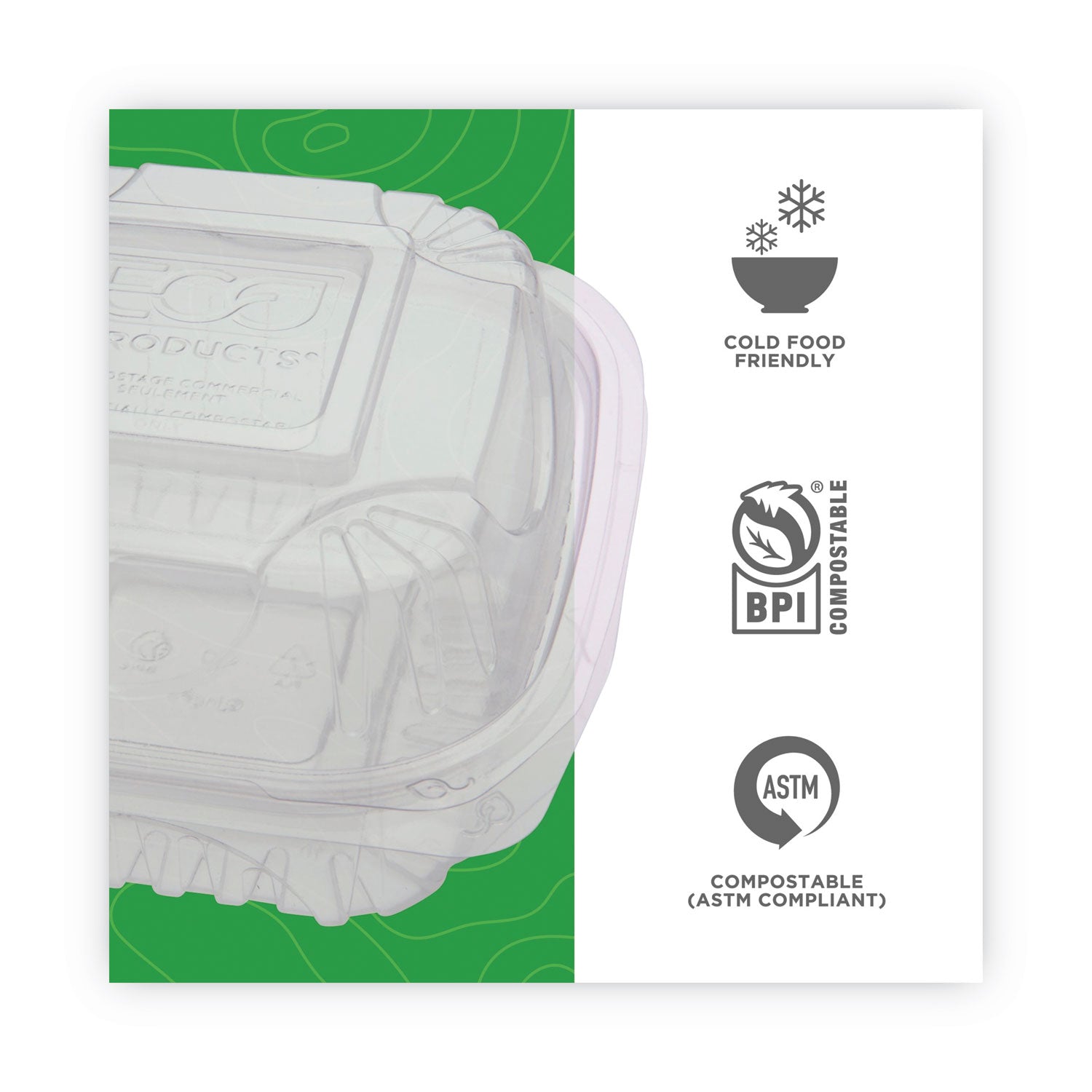 Eco-Products Renewable and Compostable Clear Clamshell Hinged Food Containers, 6 x 6 x 3, Plastic, 80/Pack, 3 Packs/Carton (EPLC6)