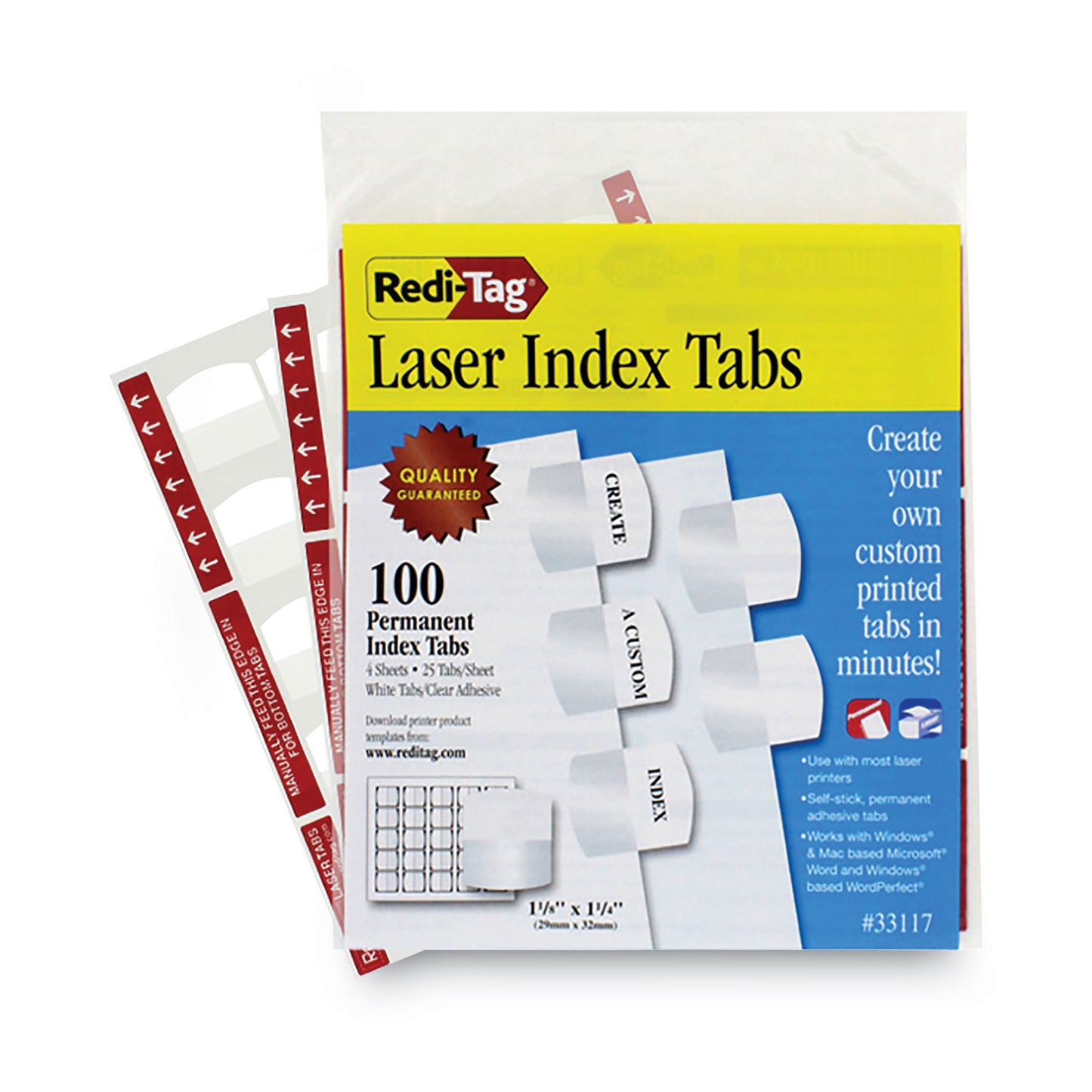 Redi-Tag Laser Printable Index Tabs, 1/5-Cut, White, 1.13" Wide, 100/Pack (33117)