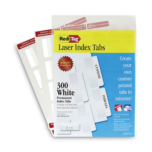 Redi-Tag Laser Printable Index Tabs, 1/5-Cut, White, 2" Wide, 300/Pack (39170)