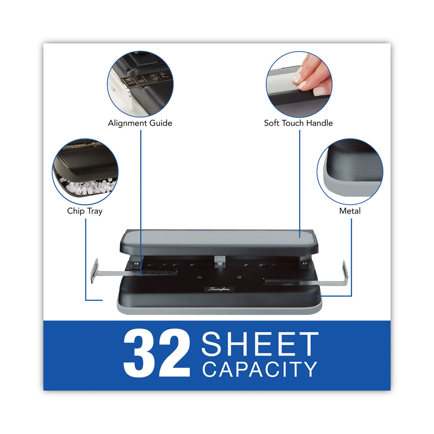 Swingline 32-Sheet Easy Touch Two- to Three-Hole Punch with Cintamatic Centering, 9/32" Holes, Black/Gray (74300)