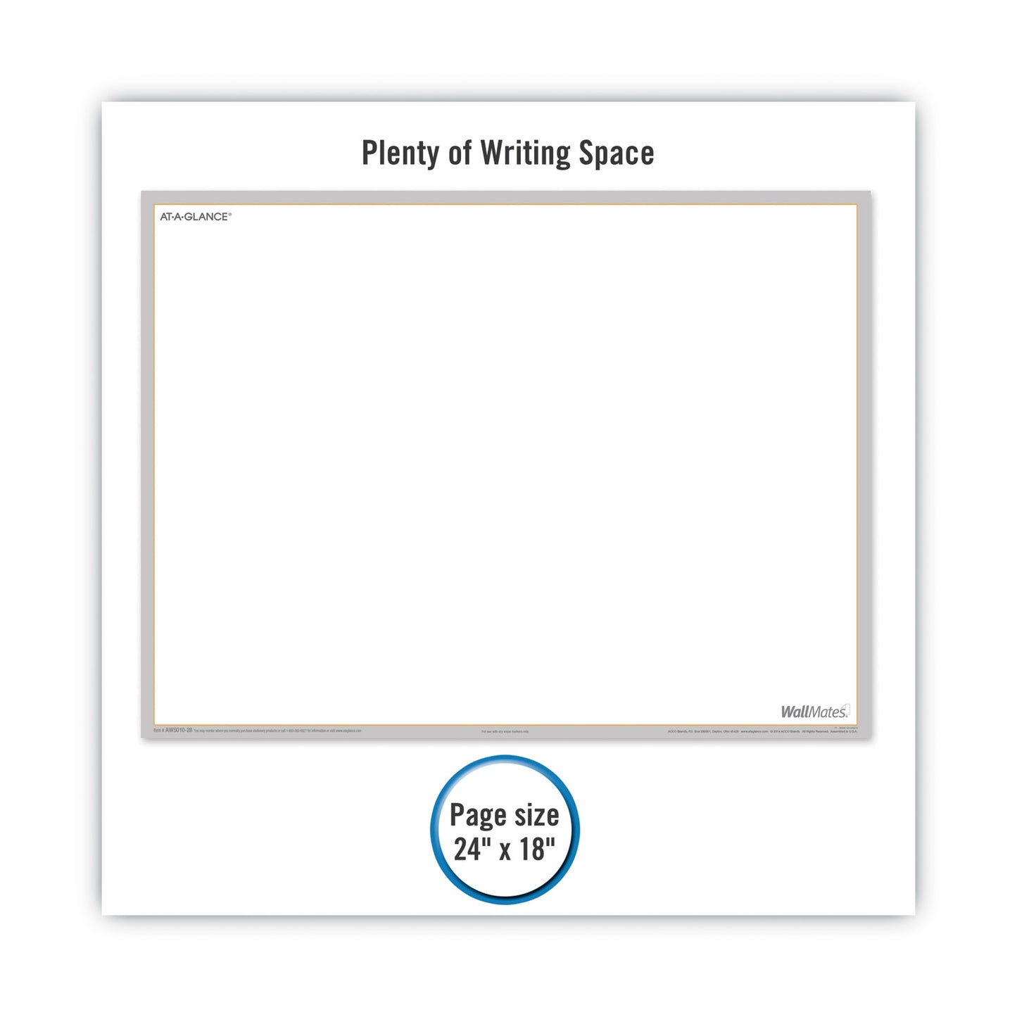 AT-A-GLANCE WallMates Self-Adhesive Dry Erase Writing/Planning Surface, 36 x 24, White/Gray/Orange Sheets, Undated (AW601028)